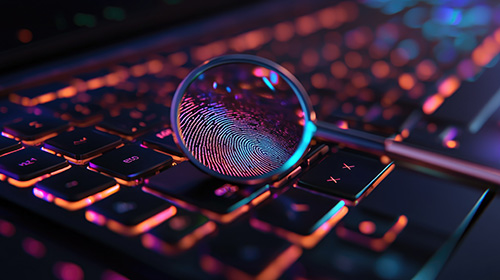 magnifying glass on computer keyboard with finger print inside
